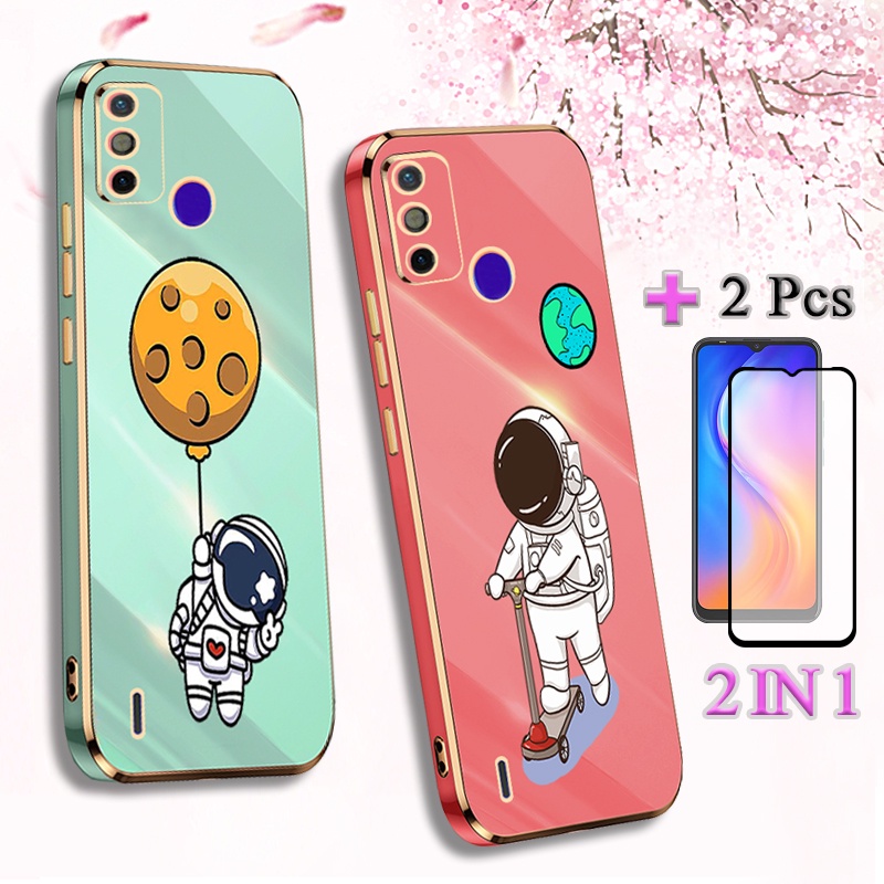 2 IN 1 พร้อมกระจกนิรภัยเซรามิคหน้าจอ Tecno Spark 6 Go ทาสีซิลิโคนนุ่ม TPU สําหรับ Tecno Spark 6 Go G