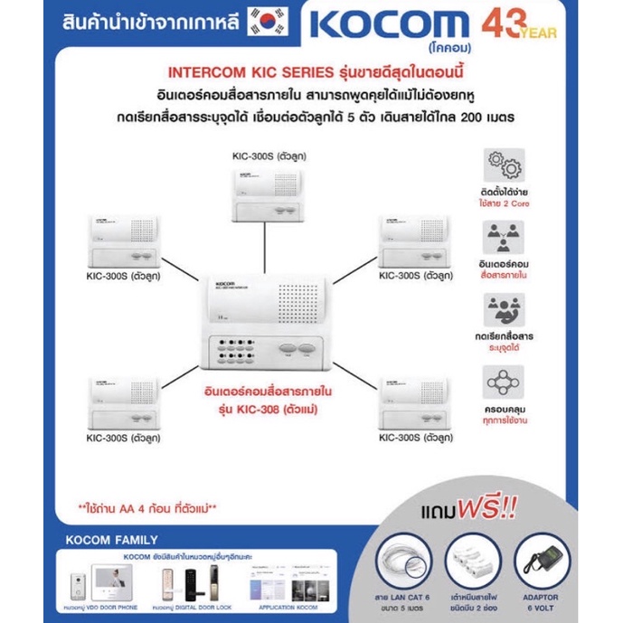 KOCOM INTERCOM อินเตอร์คอม สื่อสารภายใน รุ่น KIC-308 Main 8Ch (White) ตัวแม่ 1 ตัว + KIC-300S ตัวลูก 5 ตัว