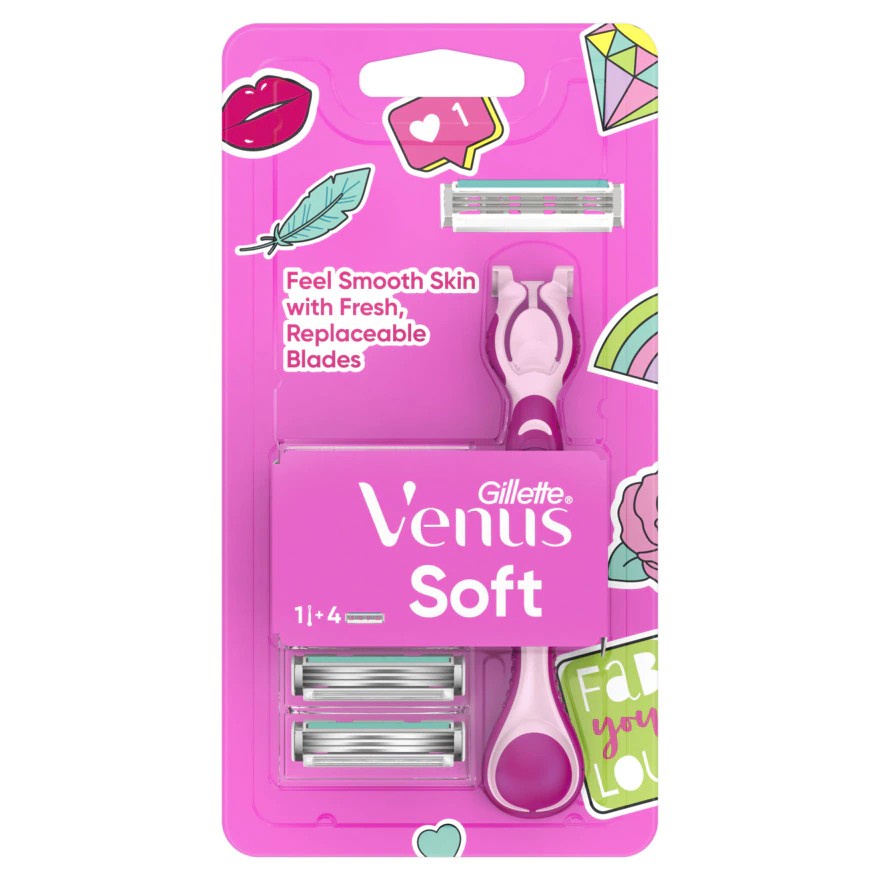 Gillette Venus Soft Razor ยิลเลต์ วีนัส ซอฟต์ ใบมีดโกนพร้อมด้าม (ด้ามมีดโกน 1 ด้าม+ใบมีดโกน 4 ชิ้น ม