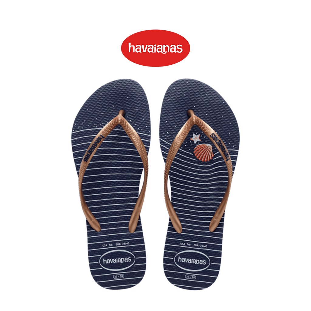 HAVAIANAS รองเท้าแตะ Slim Nautical Flip Flops - Blue/Gold 41371259633BLGD (รองเท้าแตะ รองเท้าผู้หญิง รองเท้าแตะหญิง รองเท้าแตะชาย)