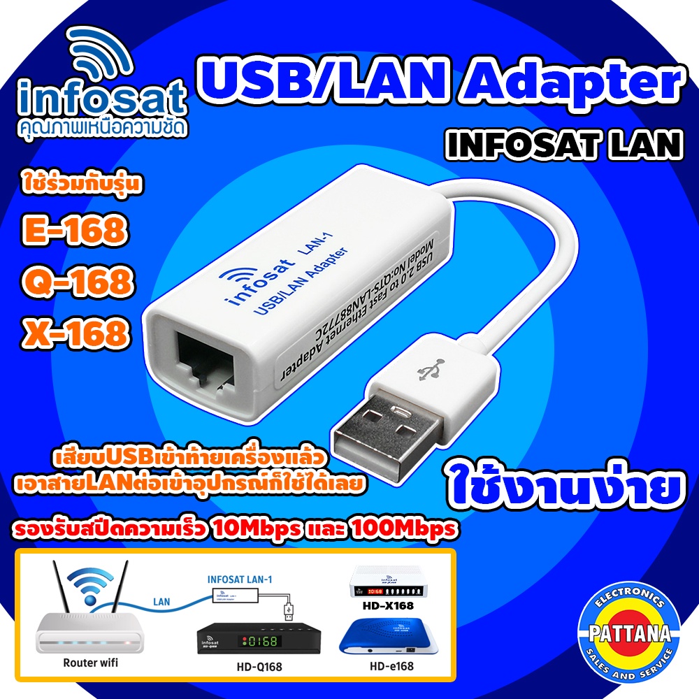 อุปกรณ์เชื่อมต่ออินเตอร์เน็ตผ่านสายแลน INFOSAT แบบ USB TO LAN สำหรับINFOSAT รุ่น E-168 Q-168 X-168 L