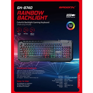 GADONX GK-8740 คีย์บอร์ดเกมมิ่งมีไฟ Rainbow Backlight Gaming Keyboard รับประสินค้า 1ปี