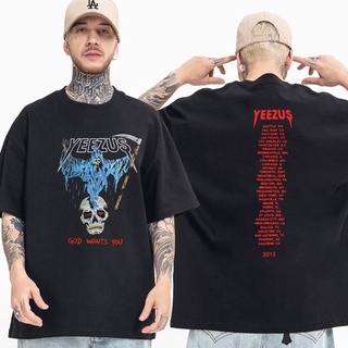 เสื้อยืดคอกลมcrew neckใหม่ เสื้อยืดแขนสั้น พิมพ์ลาย Yezzus Tour Reaper Skull Kanye West สไตล์ฮิปฮอป วินเทจ สตรีท สําหรับ