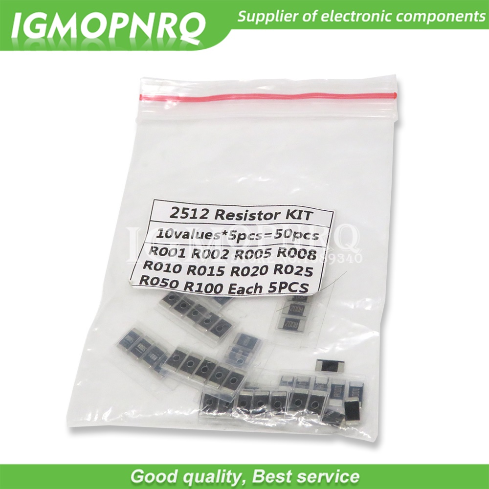 50PCS Alloy resistance 2512 SMD Resistor ตัวอย่างชุด,10 ชนิดX5pcs = 50pcs R001 R002 R005 R008 R010 R