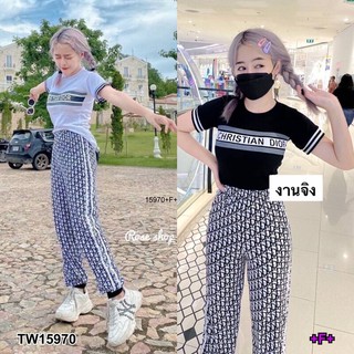 KT15970 Set 2 ชิ้น ชุดนี้ น่ารักมากคะ เซตเสื้อยืดอกแต่งแถบ ผ้าคอตอน + กางเกงขาคอตตอนขาจั้ม