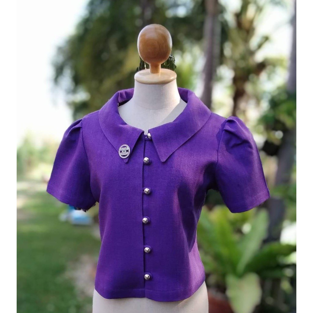 เสื้อใยกัญชงอัดกาว คอปกแหลม สีม่วง