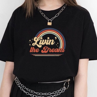 เสื้อยืด พิมพ์ลาย Livin The Dream Religious สไตล์วินเทจ เรโทร สีดํา สําหรับผู้หญิงS-5XL