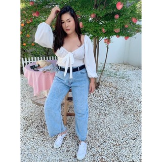 สาวอวบ🥰เสื้อคอเหลี่ยมเย็บย่นหน้าอก ด้านหลังดึงสม็อคทั้งตัว ดีเทลโบว์ช่วงอก