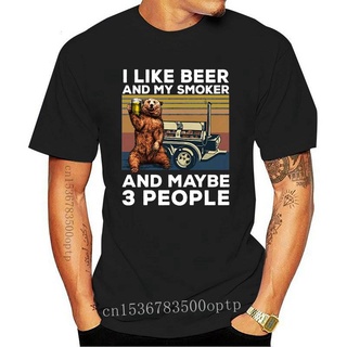 tshirtเสื้อยืดคอกลมฤดูร้อนใหม่ เสื้อยืดแขนสั้น พิมพ์ลายหมี แคมป์ปิ้ง I Like Beer And My Smoker And Maybe 3 สไตล์วินเทจ ส