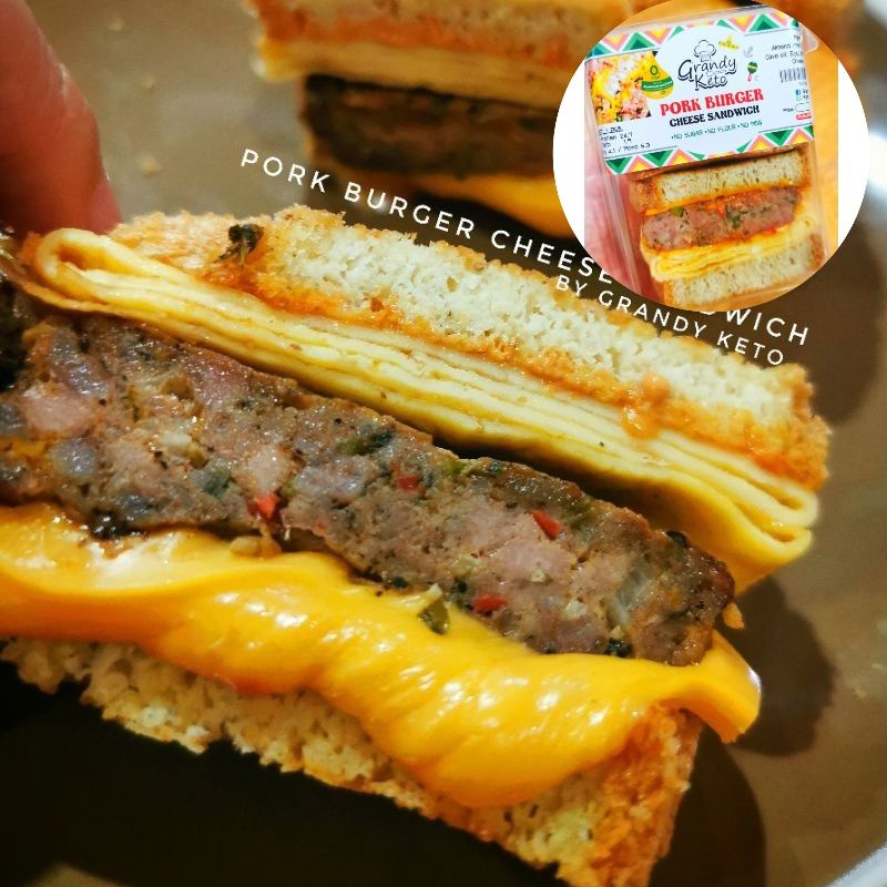 คีโต Pork Burger Cheese Sandwich แซนวิชหมูเบอร์เกอร์+ชีส+ไข่นุ่ม
