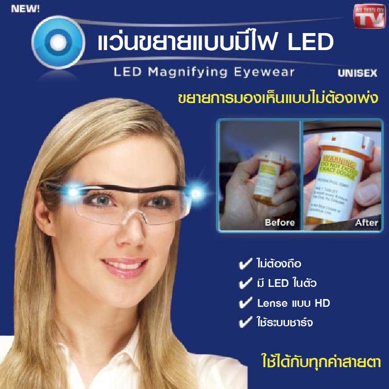 แว่นขยายไร้มือจับ 160% LED พร้อมไฟ LED Lighted Mighty sight glasses พร้อมส่งคะ