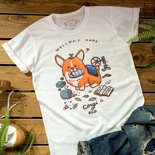 oversize T-shirt 🔥 Corgi " Welcome Home " T-shirt เสื้อยืด ลายน้องหมาคอกี้ 🔥 S-5XL