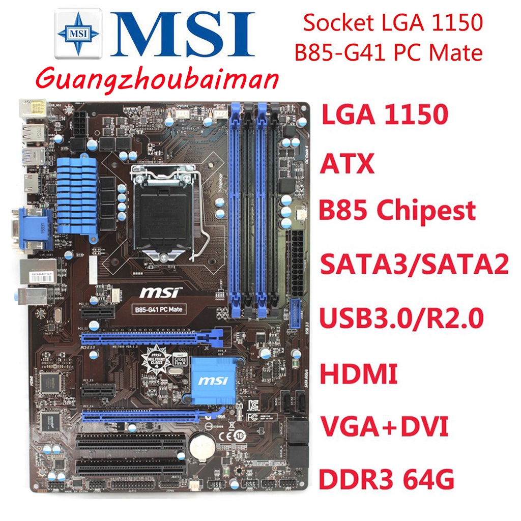 เมนบอร์ดเดิม MSI B85-G41 LGA 1150 DDR3 บอร์ด 32GB USB2.0 USB3.0 I3 I5 I7 B85 ใช้เมนบอร์ดเดสก์ท็อปคล้