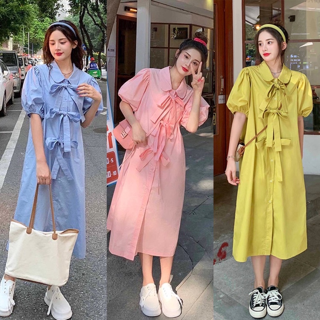Styles_Unnie พร้อมส่ง D017 เดรสสีส่วน มีโบว์ด้านหน้า มี 3 สี