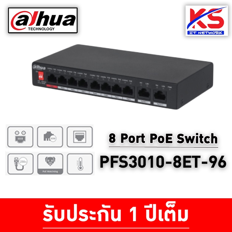 Dahua สวิตซ์ DH-PFS3010-8ET-96 8-Port PoE Switch (Unmanaged) 2 Uplinlk 8Poe N/A Total ≤ 96W
