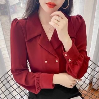 พร้อมส่ง เสื้อแขนยาวผู้หญิง คอสูท เสื้อเชิ้ตวินเทจสีพื้น เสื้อคอวีแฟชั่นเกาหลี