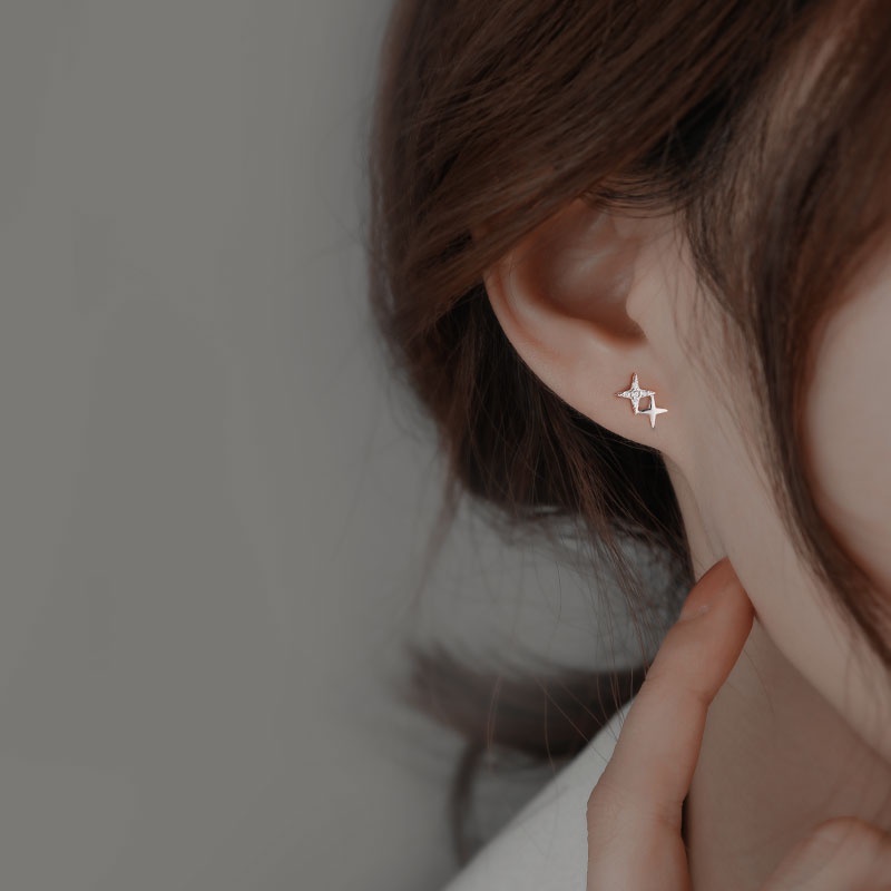 Roselife ต่างหูสตั๊ด เงิน S925 จี้รูปดาวคู่ ประดับคริสตัล แวววาว สไตล์เกาหลี เครื่องประดับ สําหรับผู้หญิง 1 คู่