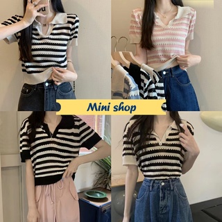 Mini shop🌸พร้อมส่ง🌸 (2Y009)เสื้อไหมพรมแขนสั้น คอปก น่ารักใส่สบายใส่ง่ายๆวันเบาๆ -C