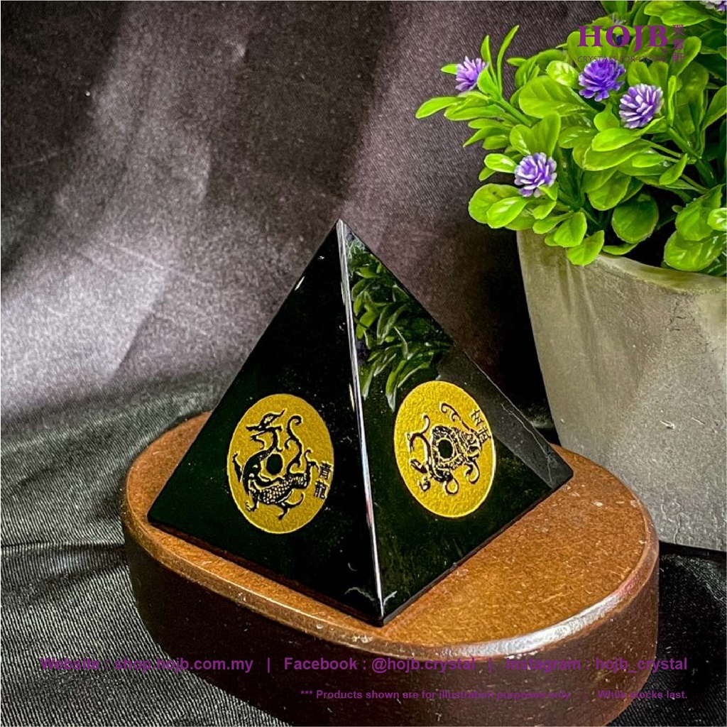 HOJB Black Obsidian Four Heraldic Guardian Pyramid 50-80 มม.สายคริสตัลธรรมชาติ Black พีระมิด 50-80 ม