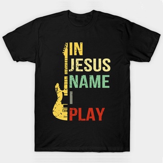 คอลูกเรือเสื้อยืดลําลอง แขนสั้น พิมพ์ลาย Guitar In Jesus Name I Play สไตล์วินเทจ สําหรับผู้ชาย สีดํา สีกรมท่าS-5XL