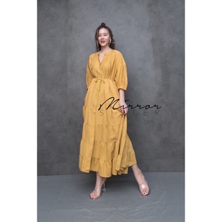 Pimpi Voluminous Sleeve Maxidress•• เดรสคอจีน กระดุมผ่าหน้า แพทเทรินตัดต่อ7ชั้น มาพร้อมเชือกผูกเอว