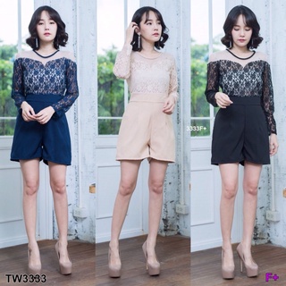 👗Pfashion [ส่งไว!!🚛] P3333 จั้มสูทลูกไม้แต่งซีทรู ขาสั้น See-through lace jumpsuit with short sleeves