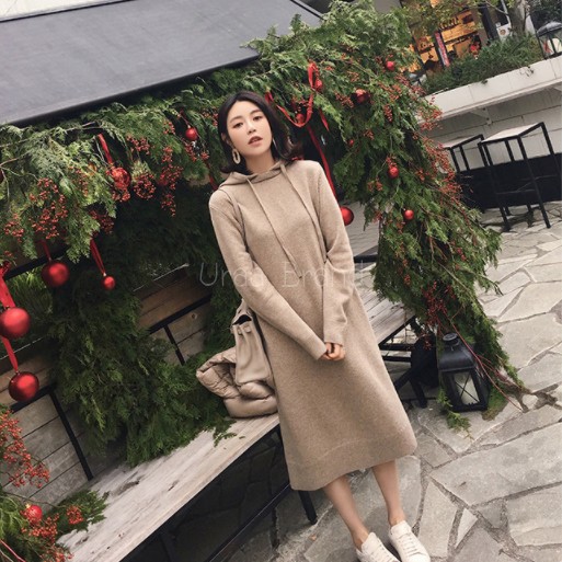 ส่งฟรี 3 สี (พร้อมส่ง) เดรสไหมพรม แขนยาว รุ่น เดรสสั้น ไหมพรม Dress Hood (ฟรีไซส์)