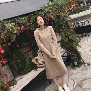 ส่งฟรี 3 สี (พร้อมส่ง) เดรสไหมพรม แขนยาว รุ่น เดรสสั้น ไหมพรม Dress Hood (ฟรีไซส์)