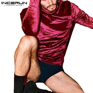 Incerun เสื้อท็อปคอสูงแขนยาวกํามะหยี่ 3 สีสําหรับผู้ชาย