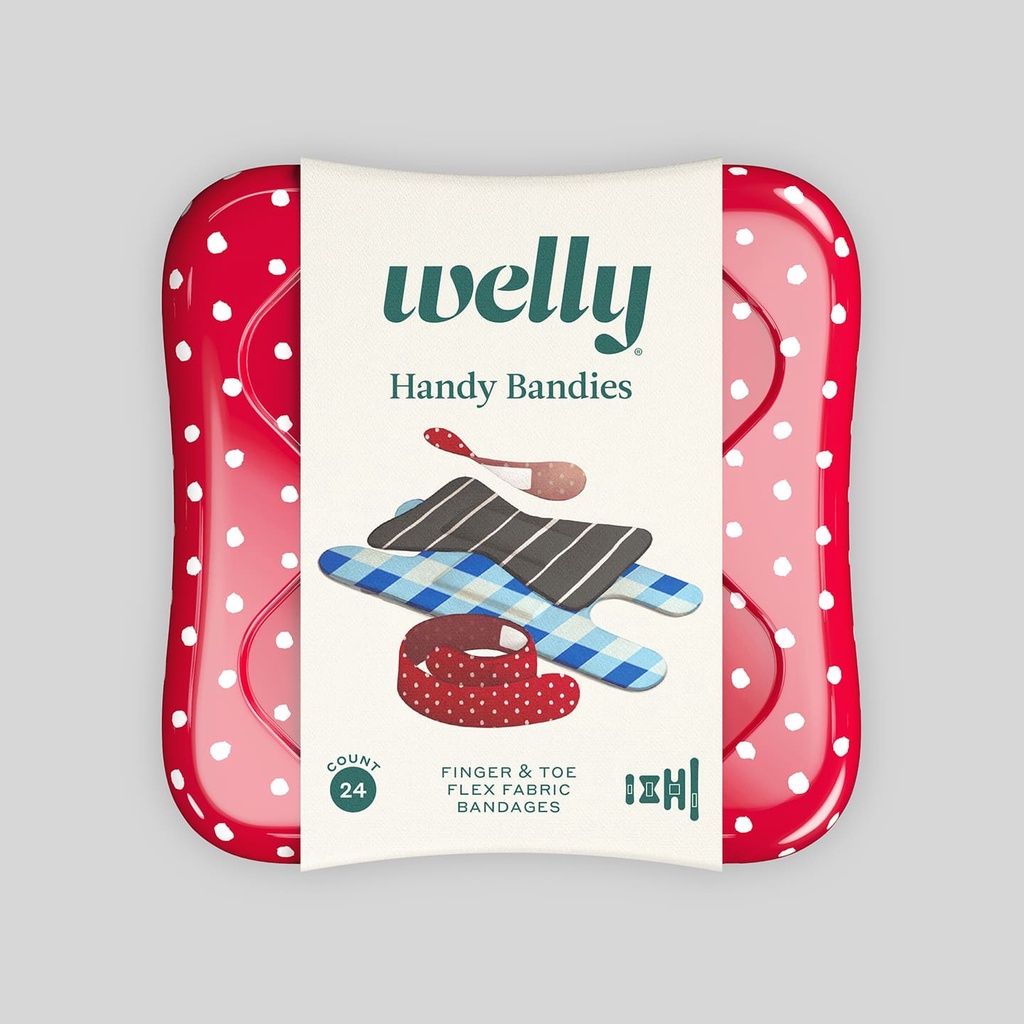 Welly Handy Bandies - 24 ชิ้น Finger&Toe Flex Fabric Bandages Cute Red Polka Dot Tin ผ้าพันแผลผ้าพันนิ้วและนิ้วเท้า