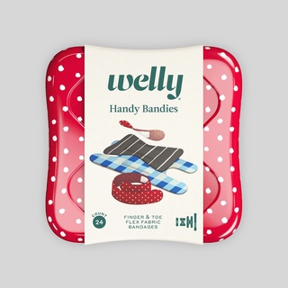 🍄 Welly Handy Bandies - 24 ชิ้น Finger&amp;Toe Flex Fabric Bandages Cute Red Polka Dot Tin ผ้าพันแผลผ้าพันนิ้วและนิ้วเท้า