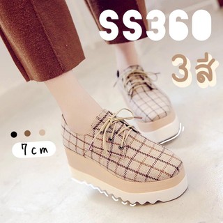 SS360 รองเท้าผ้าใบสไตล์วินเทจ ผู้ดีอังกฤษดูแพง ส้นตึกลายสก็อต สีดำ/น้ำตาล/ครีม