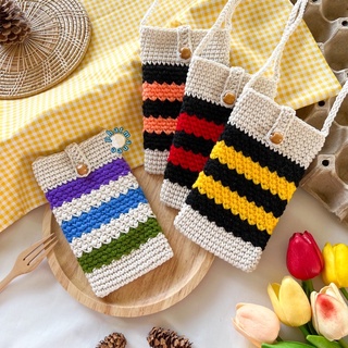 pmncrochet : กระเป๋าถักใส่โทรศัพท์ ผสมไหมพรม ลายไทย💛กระเป๋าถักใส่มือถือ สีทูโทน ❤️‍🔥พร้อมส่ง❤️‍🔥