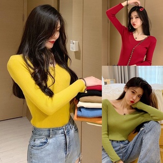 Korean🧧 เสื้อไหมพรมแขนยาวทรงคอวี สีพื้น 16 สี