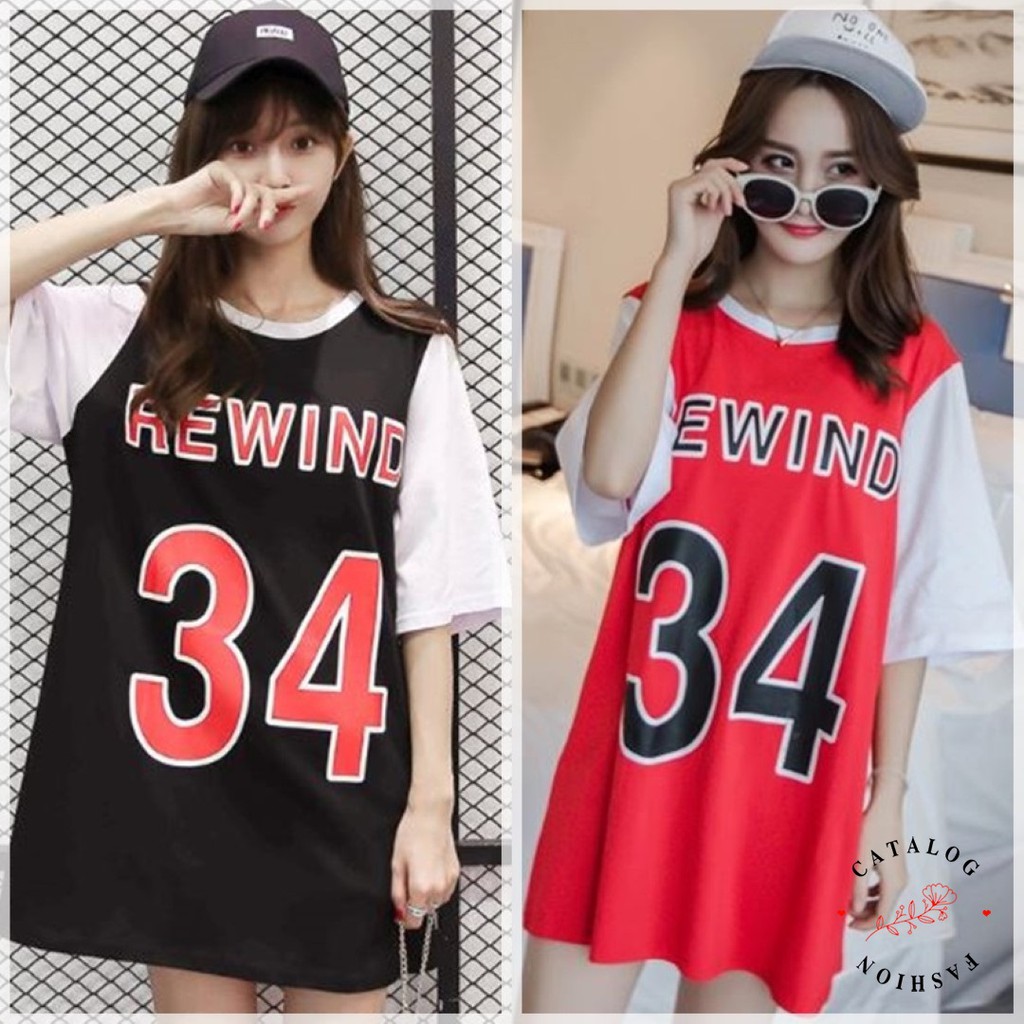 เดรสยาว ชุดเดรสสั้นสีทูโทนทรงโอเวอร์ไซส์ สกรีนลาย pantip REWIND