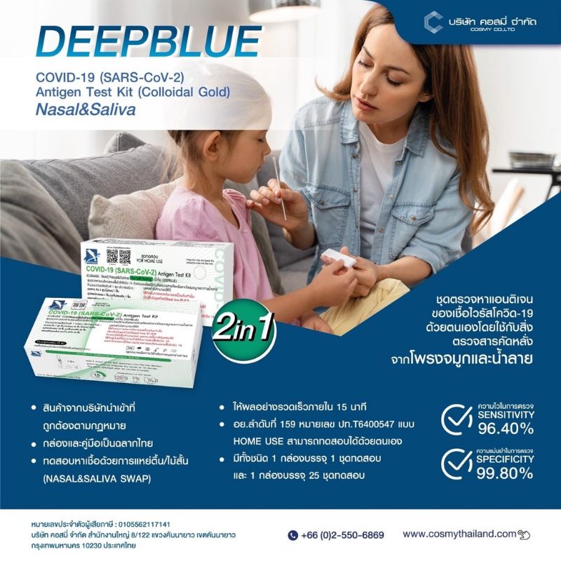 DEEPBLUE 2 in 1 ชุดตรวจโควิด น้ำลาย&จมูก COVID-19 (SARS-CoV-2) Antigen Test Kit (Colloidial Gold)