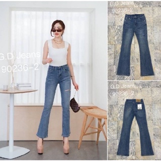 G.D.Jeans รุ่น 90236-2#กางเกงยีนส์แฟชั่นขายาวผ้ายืดทรงขาม้าสีฟอกขีดขาดหน้าขา