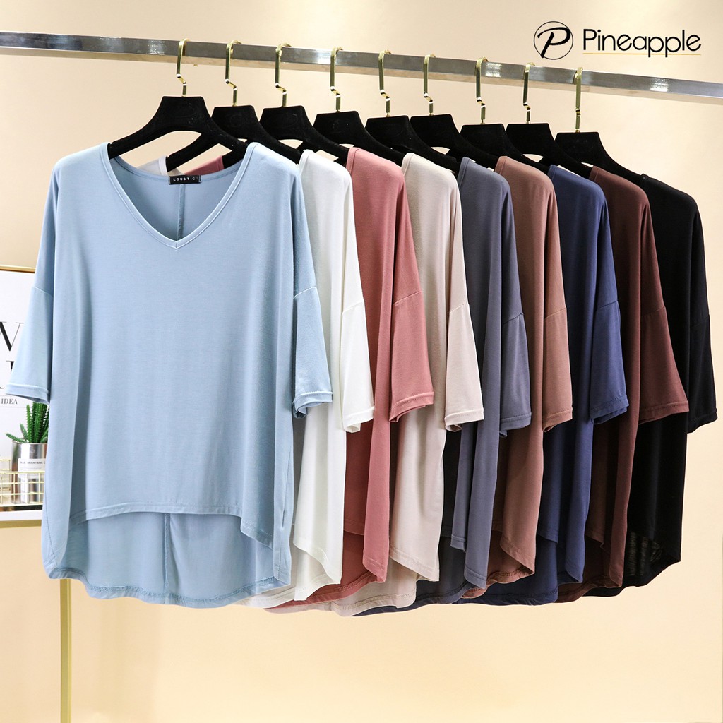 2103 เสื้อยืดหญิง สื้อยืด oversize เสื้อใส่อยู่บ้าน คอวี บางเฉียบหลวมๆระบายอากาศ Modal Elbow Length Sleeves T-shirt