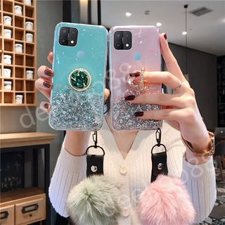 2021 New เคสโทรศัพท์ OPPO A15S Phone Case Luxury Rhinestone Ring Holder Strap Fur Ball Bling Clear Star Space TPU Soft Cover เคส OPPOA15S Casing