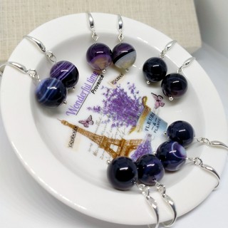 ต่างหูหินอาเกตแท้ สีม่วง Natural purple agate ขนาด 12 mm