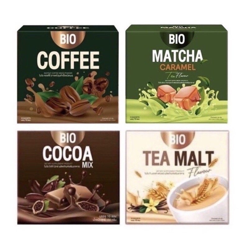 Bio Cocoa ไบโอ โกโก้ / ชามอลต์ / กาแฟ / ชาเขียว 1 กล่อง มี 10 ซอง