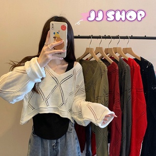 JJ shop 💜พร้อมส่ง  เสื้อถักตะข่ายแขนยาวไหมพรม คอวี ผ้าใส่สบายเก๋ๆ "73201"