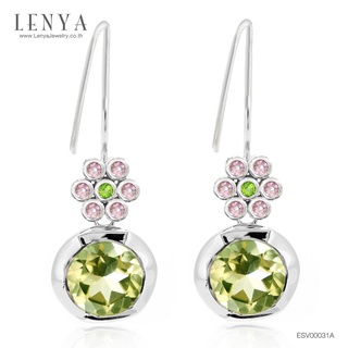 Lenya Jewelry ต่างหูเงินแท้ 925 ชุบโรเดียม ประดับด้วย Lemon Quartz สีเขียวอ่อนเม็ดใหญ่ Tsavorite และ Pink Sapphire