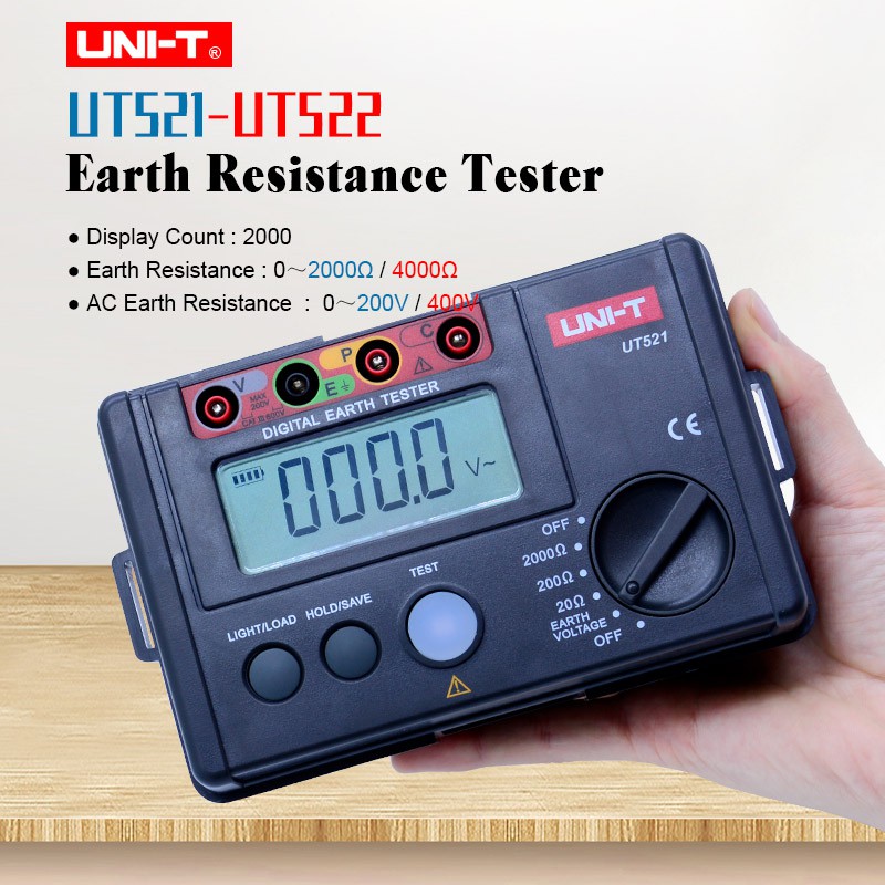 UNI-T UT521 UT522 Digital Earth Ground Resistance Tester 0-2000ohm 2000 นับ Ohmmeter AC Earth Voltme