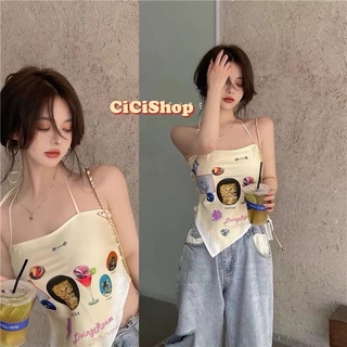 Cicishop(6888)เสื้อเกาะอกทรงสามเหลี่ยม เกาะอกสม๊อคหลังมีสายคล้องคอลายน้องเหมียว