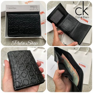 💥ใหม่ล่าสุด💥 CK Mens Black Leather Trifold Wallet กระเป๋าเงินใบสั้น 3 พับ