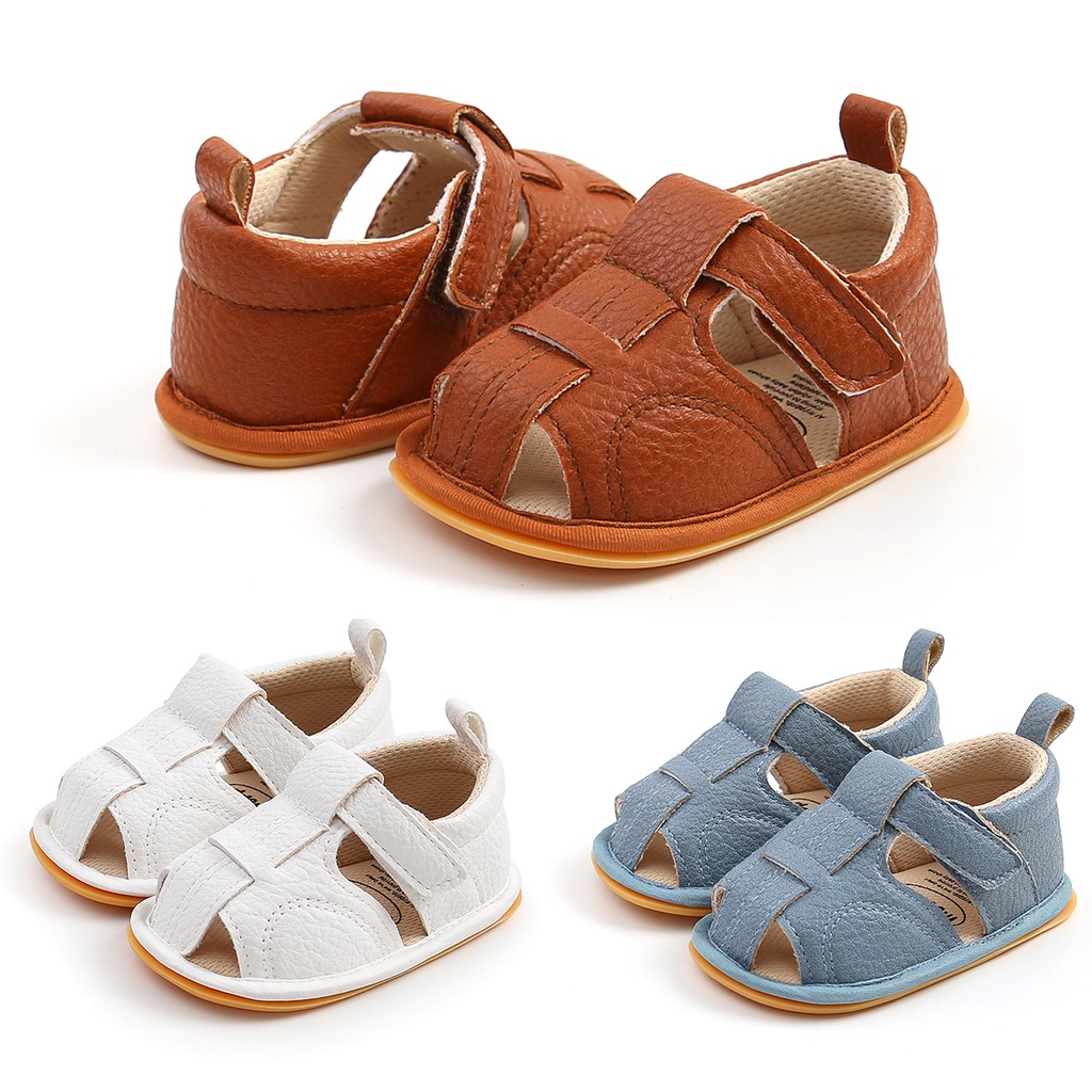 รองเท้าแตะ Velcro หนัง PU กันน้ํา แฟชั่นฤดูร้อน สําหรับเด็กผู้ชาย 0-15 เดือน