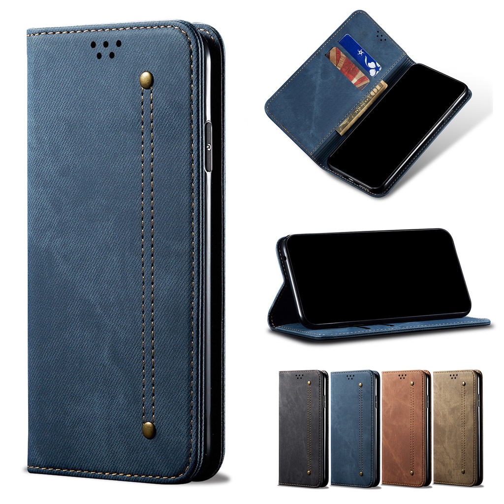 เคสโทรศัพท์หนัง ผ้ายีน แบบฝาพับแม่เหล็ก พร้อมช่องใส่บัตร สําหรับ OPPO Reno 2 3 4 5 lite 5Z 6Z 4F 5F 5K 2F 2Z ACE Realme X2 Pro