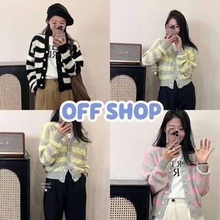 OFF SHOP พร้อมส่ง(OFF-95106)เสื้อไหมพรม คาร์ดิแกนลายทาง คอวีสีน่ารักมาก