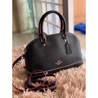 (ผ่อน0%)❣️Coach ❣️ MINI SIERRA SATCHEL 😘โดมมินิ F13310 หนังแท้สีดำ ยาแนวสีชมพู